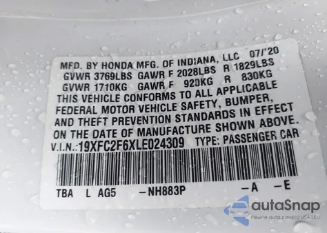 2020 Honda Civic Lx из США, поврежденный, VIN 19XFC2F6XLE024309